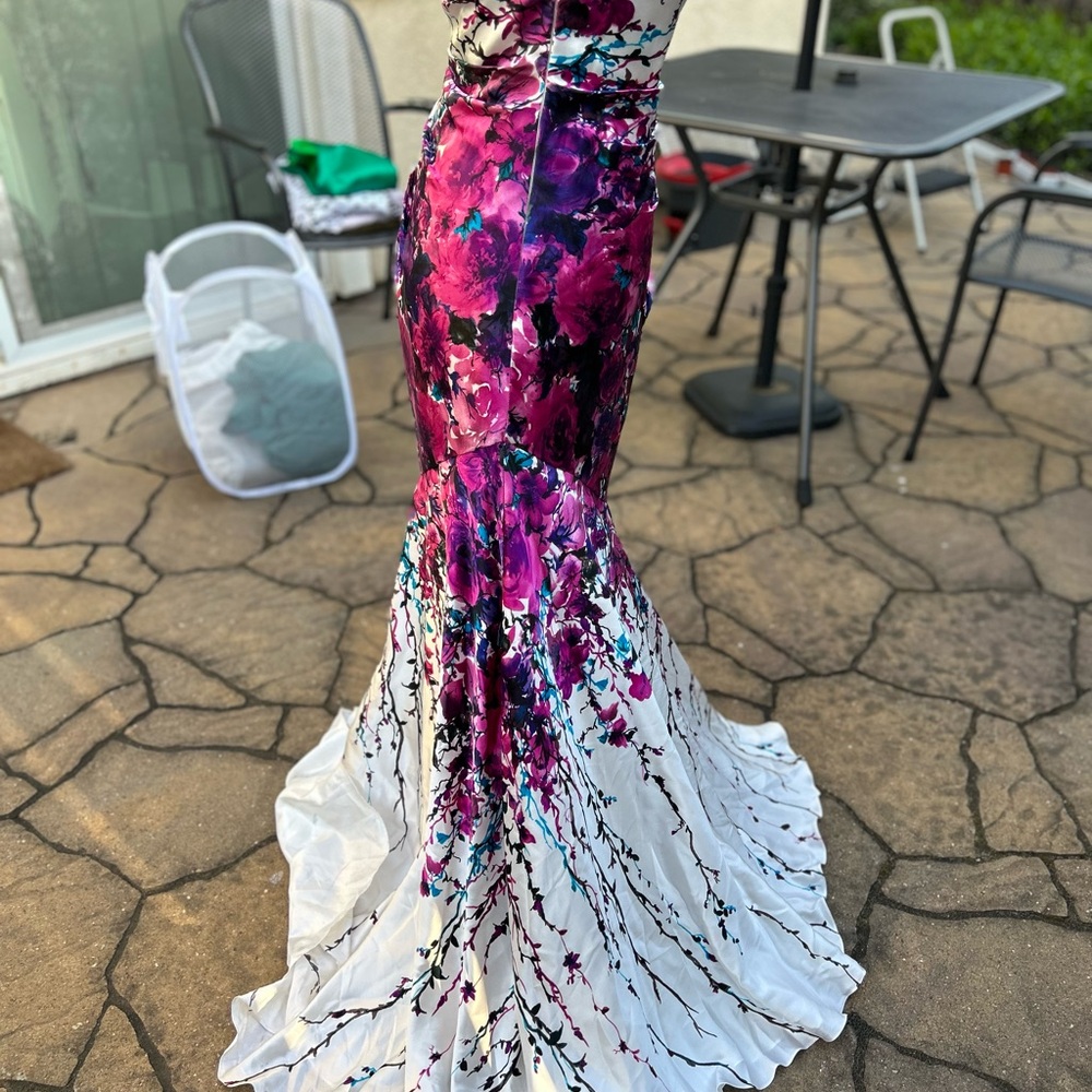 La Femme silk Floral Maxi Dress with Purple and White Design